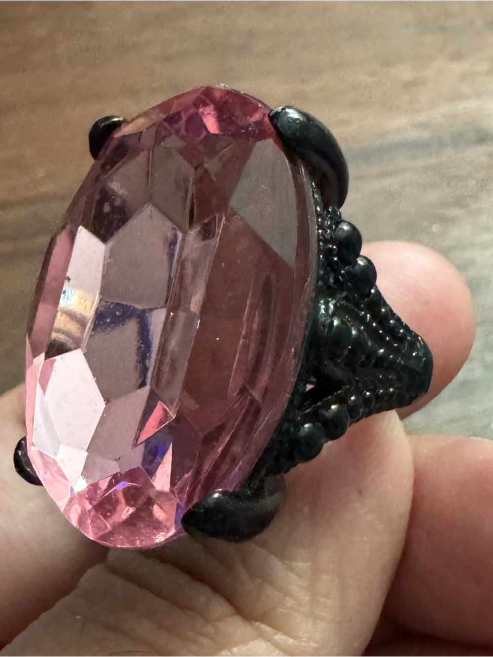 Gothic Style Pink Crystal Statement Cocktail Ring w/Black Matte Adjustable Band